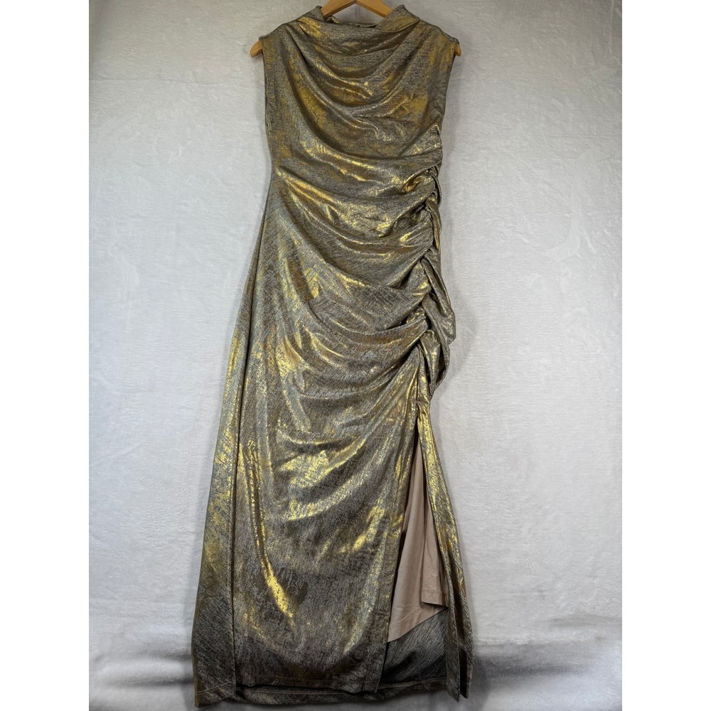 Anthropologie Gold Metallic Maxi Dress Sleeveless Ruched‎ Slit Cowl Neck S NEW